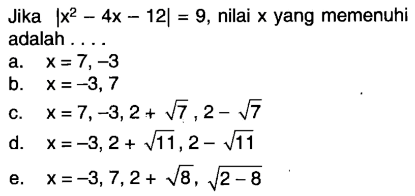 Jika |x^2-4x-12|=9, nilai x yang memenuhi adalah ...