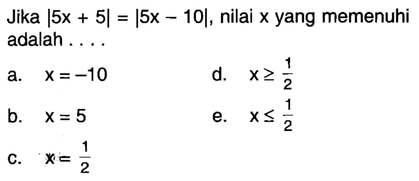 Jika |5x+5|=|5x-10|, nilai x yang memenuhi adalah....