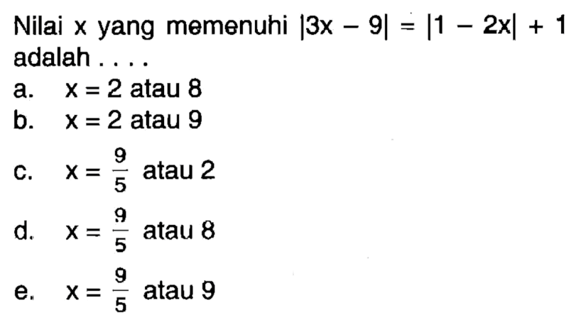 Nilai x yang memenuhi |3x - 9 | = |1 - 2xl + 1 adalah ....