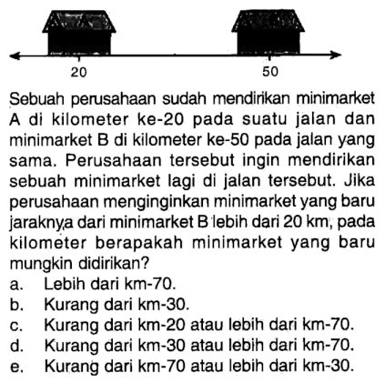 20 50 Sebuah perusahaan sudah mendirikan minimarket A di kilometer ke-20 pada suatu jalan dan minimarket B di kilometer ke-50 pada jalan yang sama. Perusahaan tersebut ingin mendirikan sebuah minimarket lagi di jalan tersebut. Jika perusahaan menginginkan minimarket yang baru jaraknya dari minimarket B lebih dari 20 km, pada kilometer berapakah minimarket yang baru mungkin didirikan?