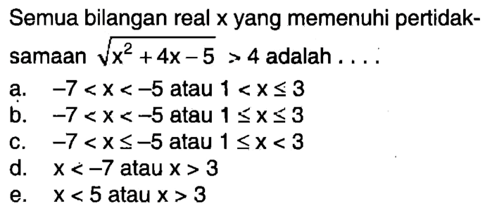Semua bilangan real x yang memenuhi pertidak- samaan akar(x^2+4x-5) >4 adalah