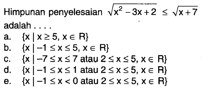 Himpunan penyelesaian akar(x^2-3x+2)<=akar(x+7) adalah ....