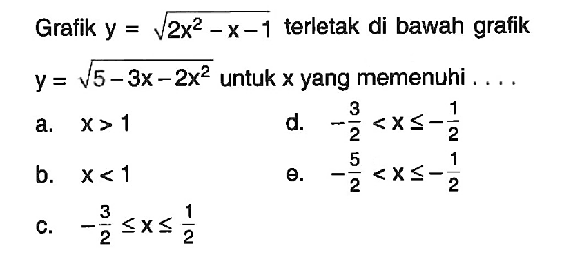 Grafik y = akar( 2x^2 - X -1) terletak di bawah grafik y = akar(5-3x -2x^2) untuk X yang memenuhi