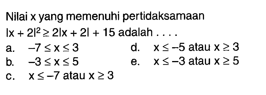 Nilai x yang memenuhi pertidaksamaan 
 |x+2|^2>=2|x+2|+15 adalah ...