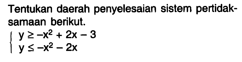 Tentukan daerah penyelesaian sistem pertidak-samaan berikut. y >= -x^2 + 2x - 3 y <= -x^2 - 2x