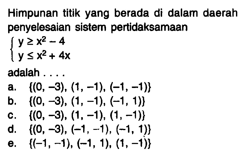 Himpunan titik yang berada di dalam daerah penyelesaian sistem pertidaksamaan {Y>=x^2-4Y <=x^2+ 4x adalah