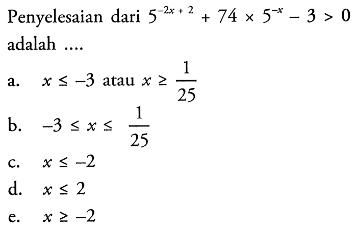 Penyelesaian dari 5^(-2x+2)+74x5^(-x)-3>0 adalah ....