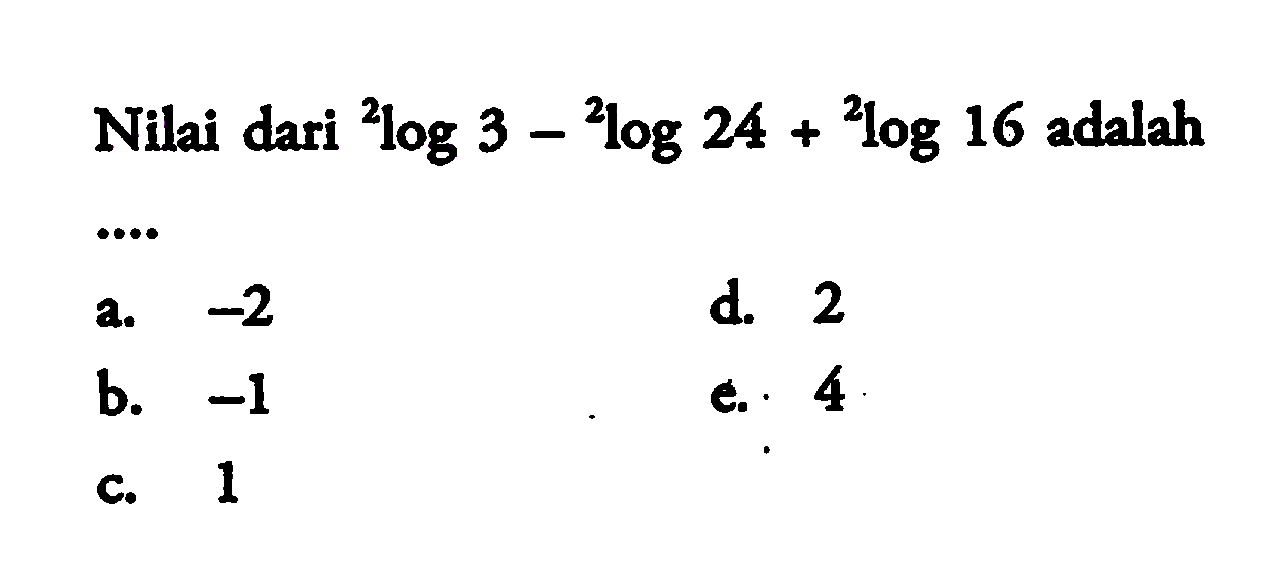 Nilai dari 2log3-2log24+2log16 adalah ....