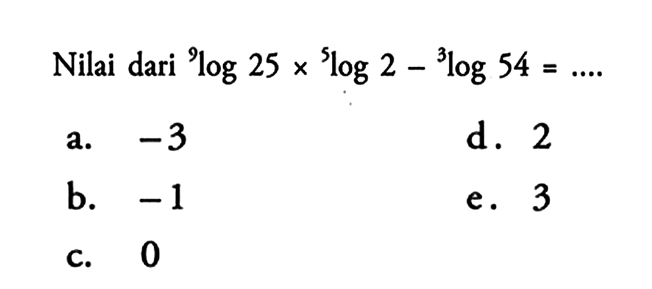 Nilai dari 9log 25 x 5log 2 x3log54 =