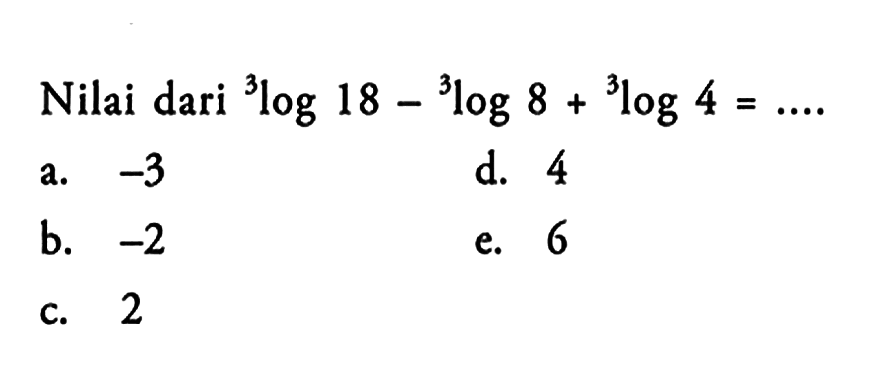 Nilai dari 3log18-3log8+3log4=...