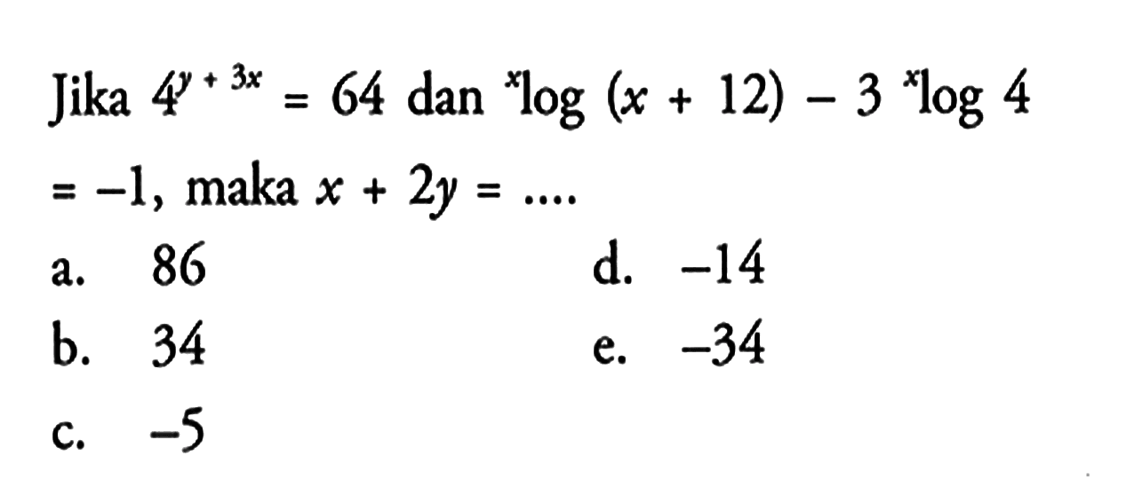 Jika 4^(y+3x)=64 dan xlog(x+12)-3 xlog4=-1, maka x+2y= ....