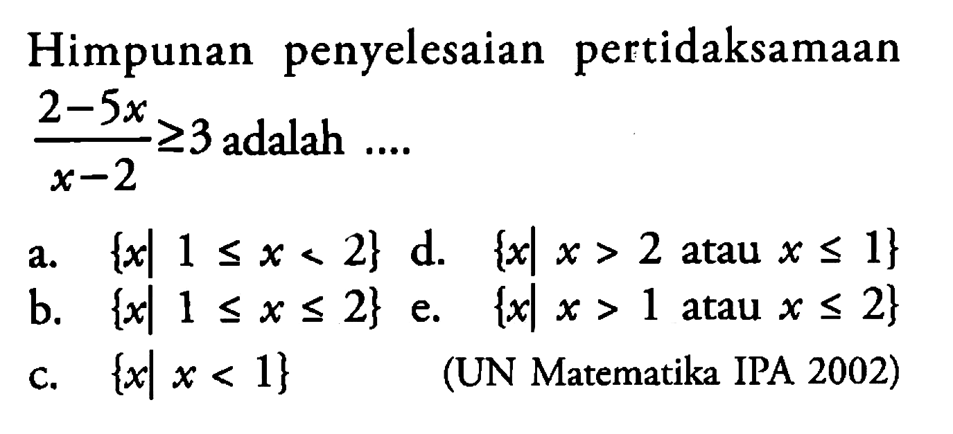 Himpunan penyelesaian pertidaksamaan (2-5x)/(x-2)>=3 adalah ...