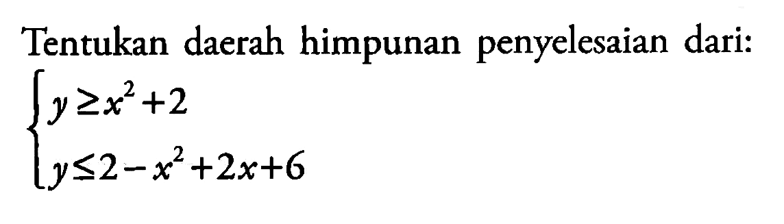 Tentukan daerah himpunan penyelesaian dari: y>=x^2+2 y<=2-x^2+2x+6