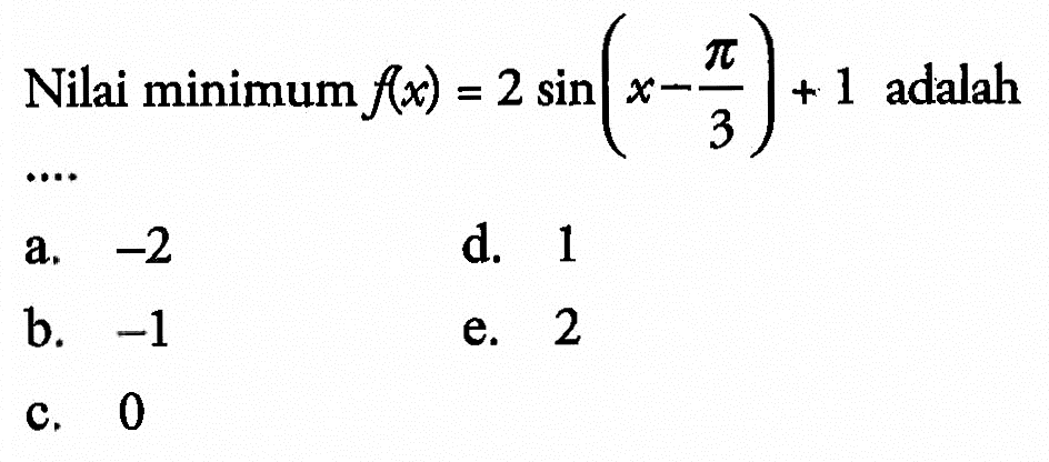 Nilai minimum  f(x)=2 sin (x-(pi/3))+1  adalah