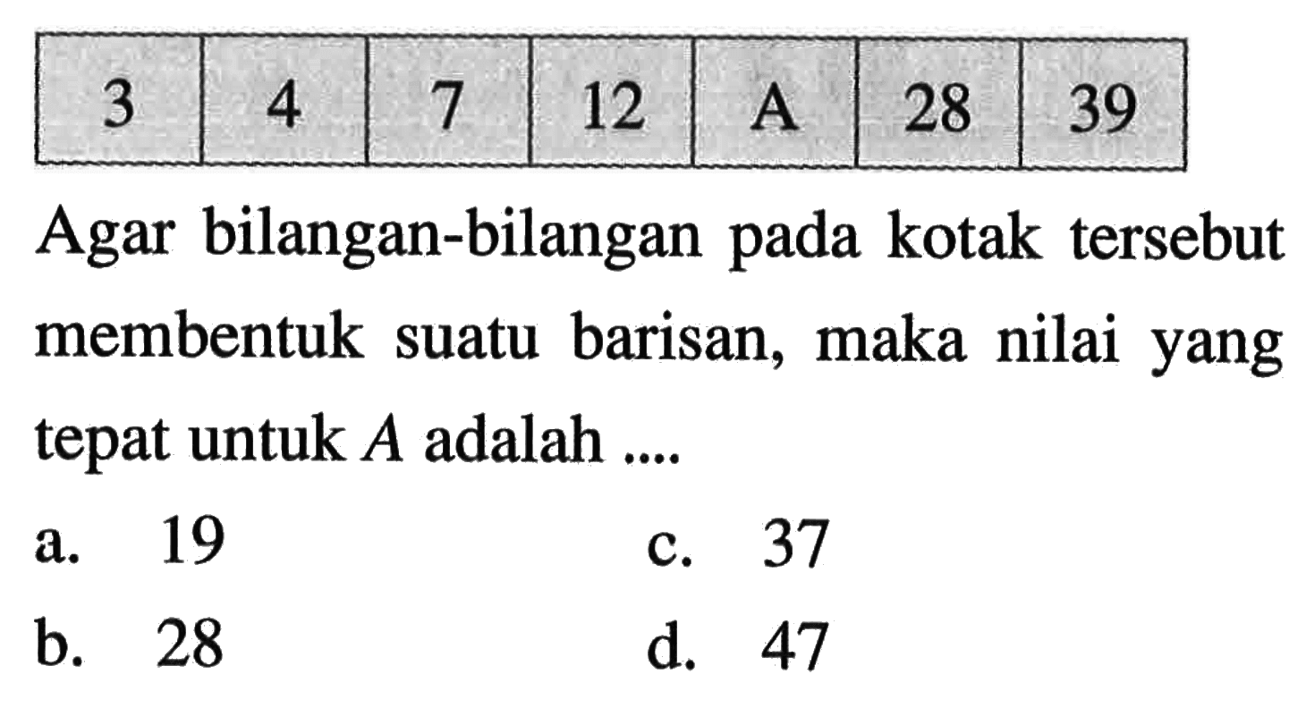 3 4 7 12 A 28 39 Agar bilangan-bilangan pada kotak tersebut membentuk suatu barisan, maka nilai yang tepat untuk A adalah...