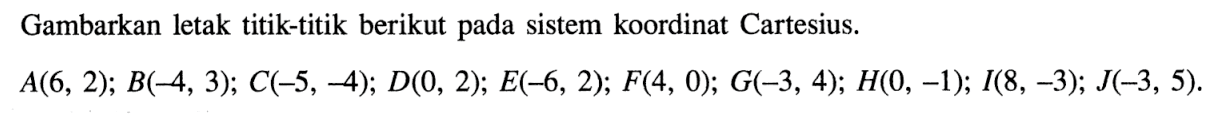 Gambarkan letak titik-titik berikut pada sistem koordinat Cartesius. A(6, 2); B(-4, 3); C(-5,-4); D(0, 2); E(-6, 2); F(4, 0); G(-3, 4); H(0, -1); I(8, -3); J(-3, 5).