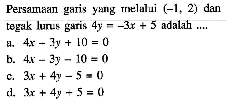 Persamaan garis yang melalui (-1, 2) dan tegak lurus garis 4y = -3x + 5 adalah ....