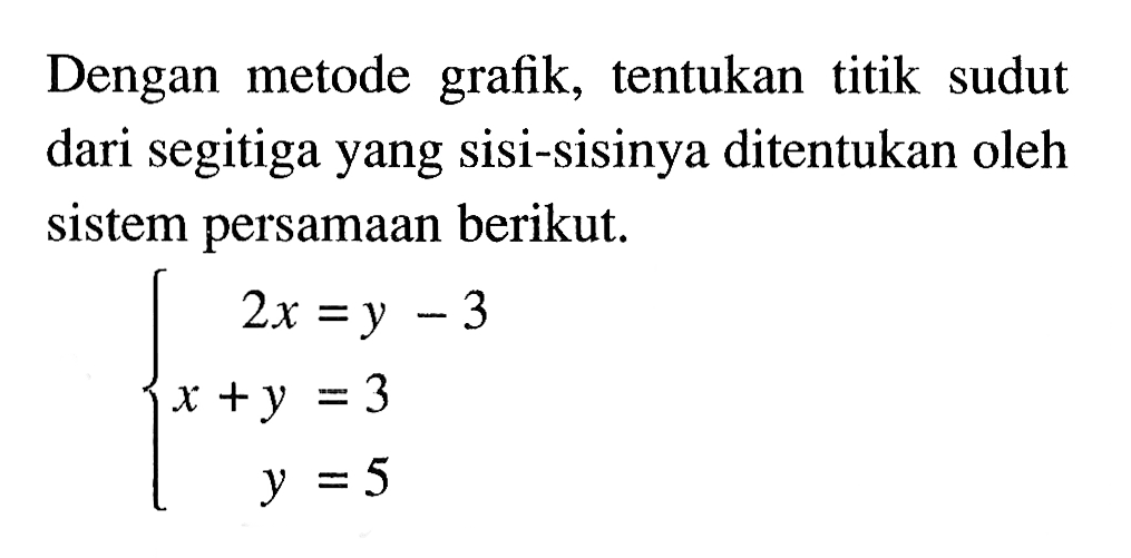 Dengan metode grafik, tentukan titik sudut dari segitiga yang sisi-sisinya ditentukan oleh sistem persamaan berikut. 2x = y - 3 x + y = 3 y = 5