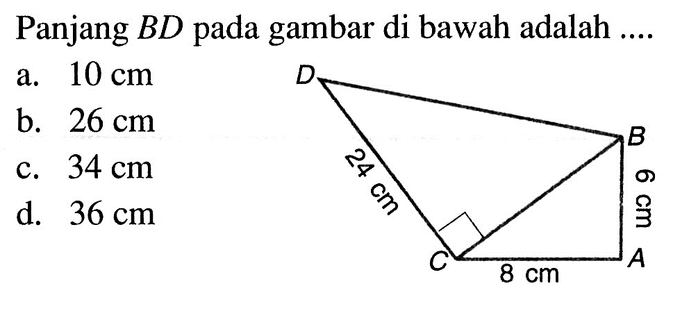 Panjang  BD  pada gambar di bawah adalah .... A B C D 24 cm 8 cm 6 cma.  10 cm b.  26 cm c.  34 cm d.  36 cm 