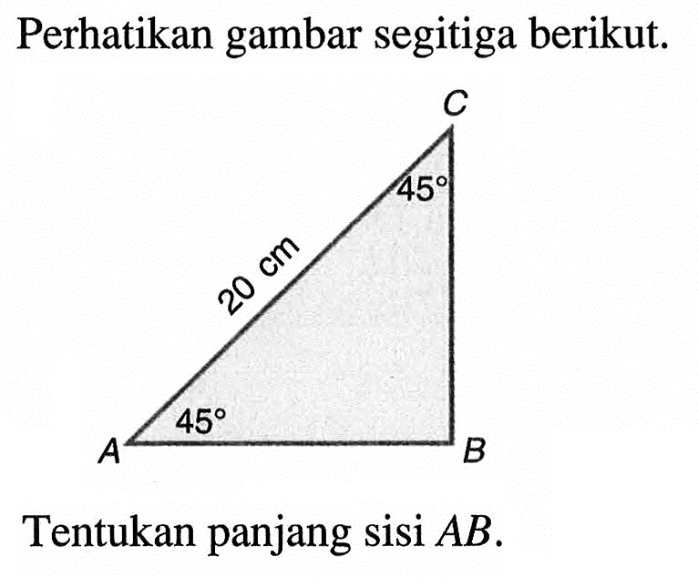 Perhatikan gambar segitiga berikut. 20 cm 45 45
Tentukan panjang sisi  AB.