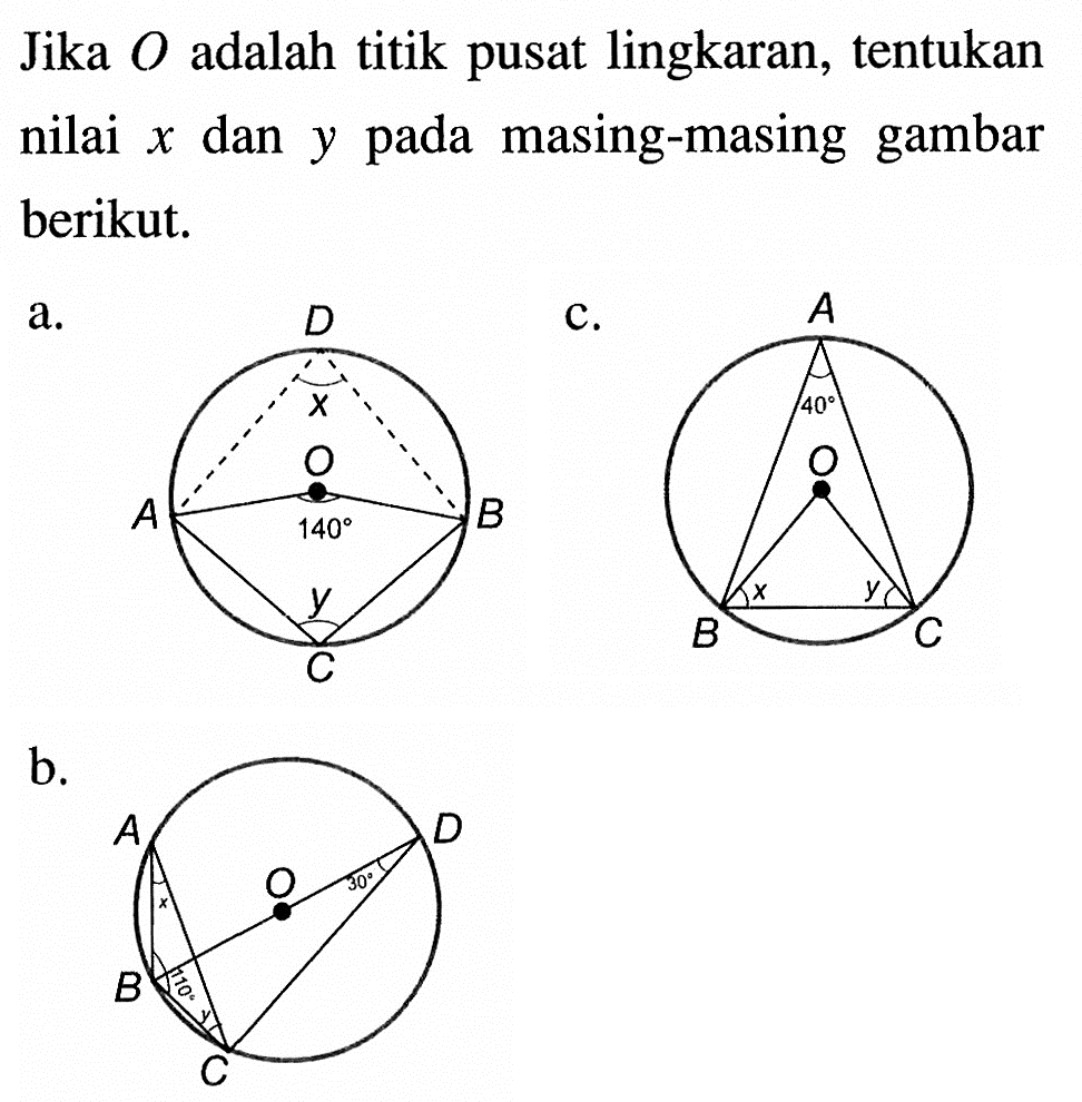 Jika O adalah titik pusat lingkaran, tentukan nilai x dan y pada masing-masing gambar berikut.a.b.c.