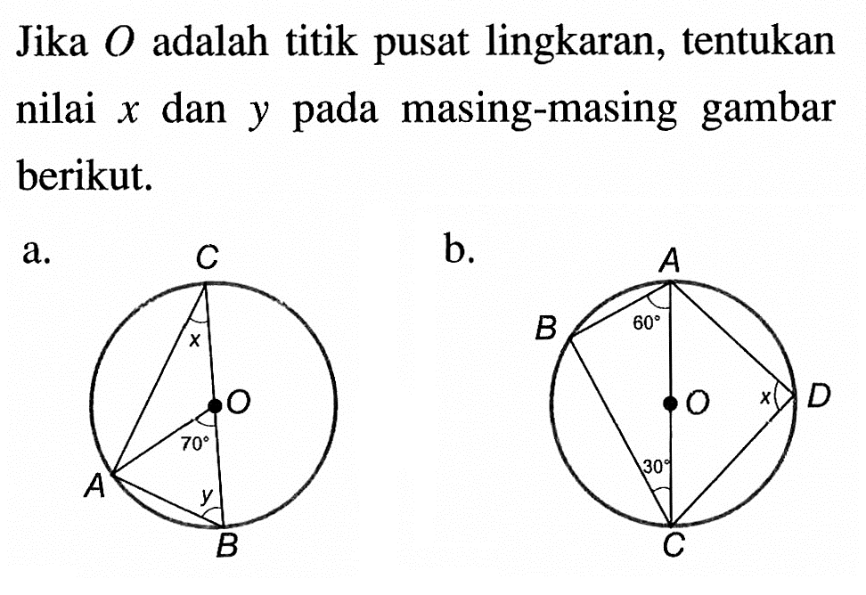 Jika O adalah titik pusat lingkaran, tentukan nilai x dan y pada masing-masing gambar berikut.a. C x O 70 A y Bb. A B 60 O x D 30 C