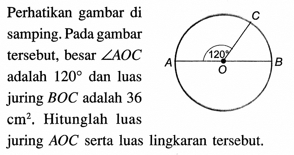 Perhatikan gambar di samping. Pada gambar tersebut, besar  sudut AOC  adalah  120  dan luas juring  BOC  adalah 36  cm^2 . Hitunglah luas juring  AOC  serta luas lingkaran tersebut.