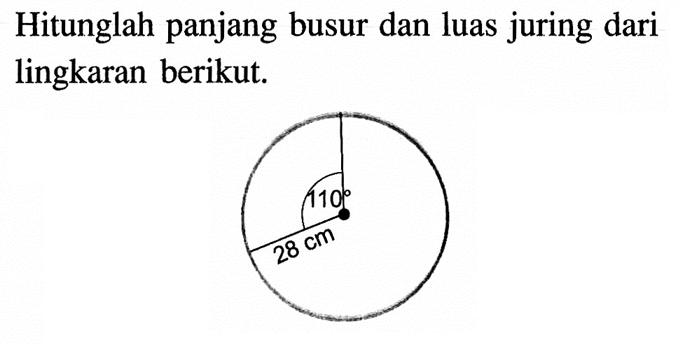 Hitunglah panjang busur dan luas juring dari lingkaran berikut. 110 28 cm