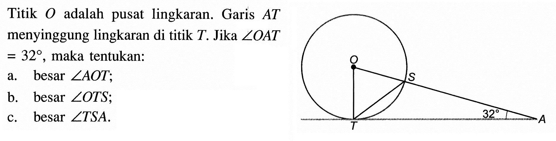 Titik O adalah pusat lingkaran. Garis  AT menyinggung lingkaran di titik T. Jika  sudut OAT=32, maka tentukan: a. besar  sudut AOT ; b. besar  sudut OTS ;  c. besar LTSA. 