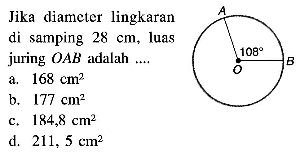Jika diameter lingkaran di samping 28 cm, luas juring OAB adalah ... 108