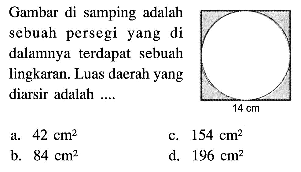 Gambar di samping adalah sebuah persegi yang di dalamnya terdapat sebuah lingkaran. Luas daerah yang diarsir adalah....