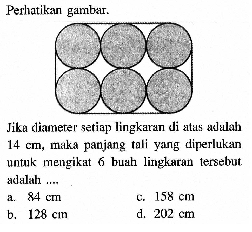 Perhatikan gambar.Jika diameter setiap lingkaran di atas adalah  14 cm , maka panjang tali yang diperlukan untuk mengikat 6 buah lingkaran tersebut adalah ....