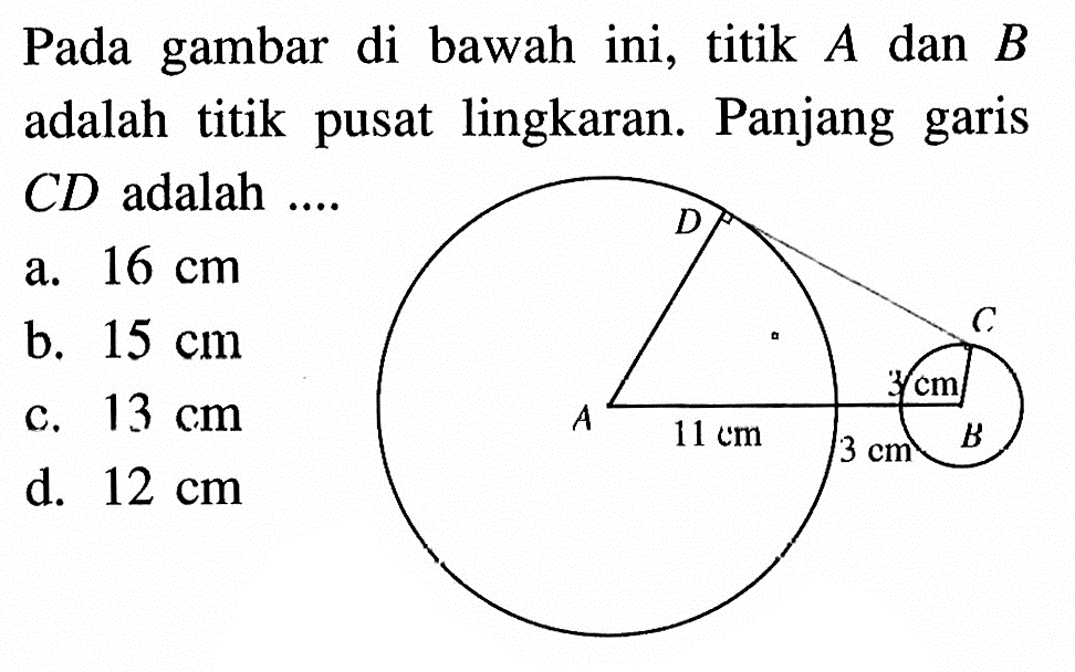 Pada gambar di bawah ini, titik A dan B adalah titik pusat lingkaran. Panjang garis CD adalah .... 11 cm 3 cm 3 cm a. 16 cm b. 15 cm c. 13 cm d. 12 cm