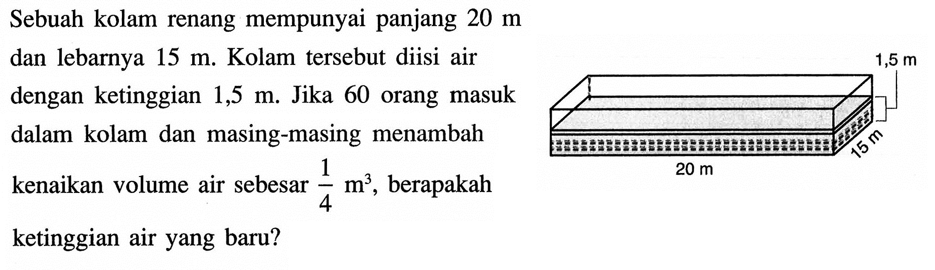 Sebuah kolam renang mempunyai panjang 20 m dan lebarnya 15 m. Kolam tersebut diisi air dengan ketinggian 1,5 m. Jika 60 orang masuk dalam kolam dan masing-masing menambah kenaikan volume air sebesar 1/4 m^3, berapakah ketinggian air yang baru? 1,5 m 20 m 15 m