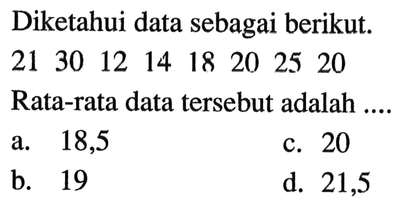 Diketahui data sebagai berikut. 21 30 12 14 18 20 25 20 Rata-rata data tersebut adalah ....