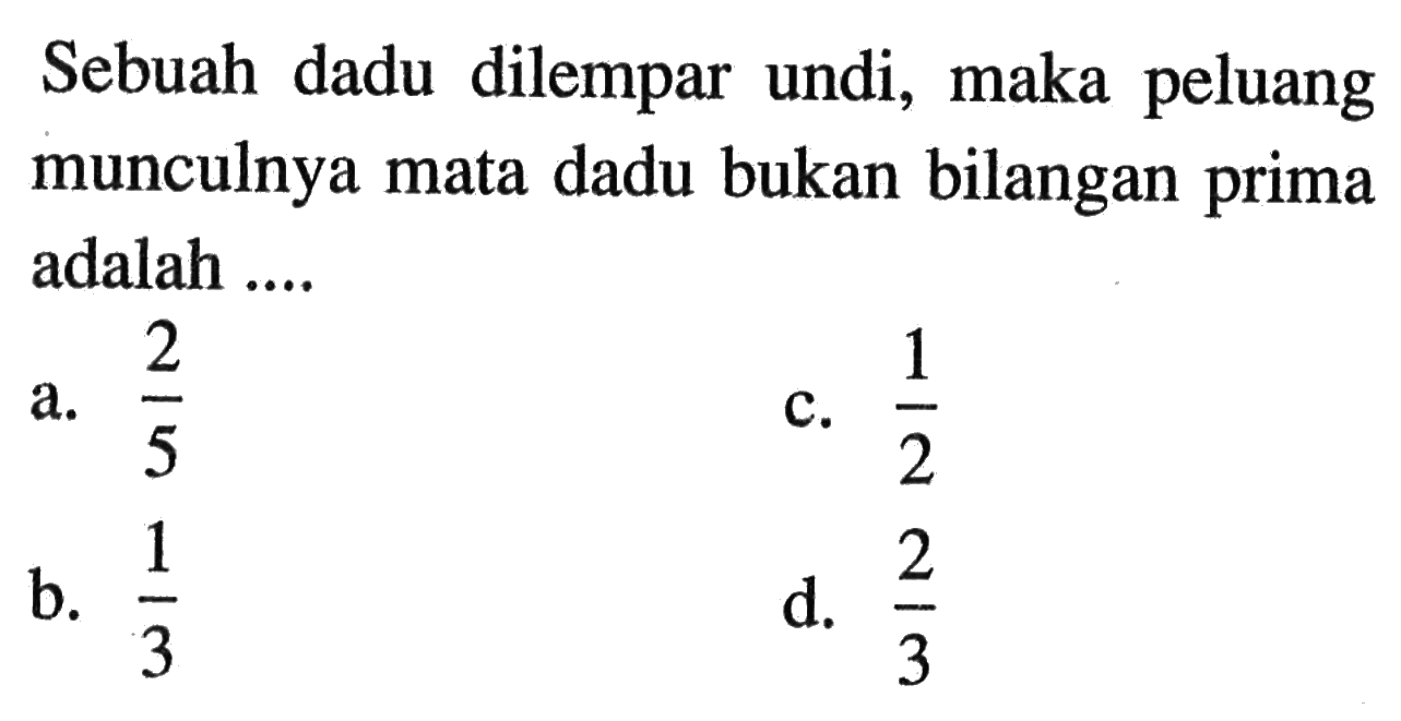 Sebuah dadu dilempar undi, maka peluang munculnya mata dadu bukan bilangan prima adalah....