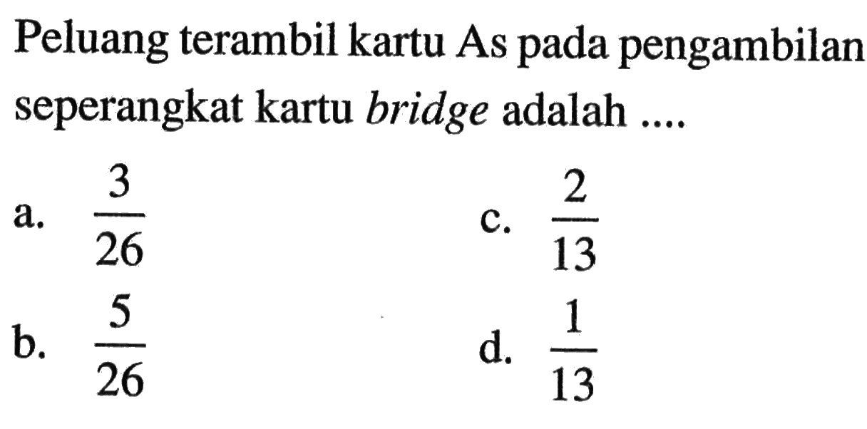 Peluang terambil kartu As pada pengambilan seperangkat kartu bridge adalah....