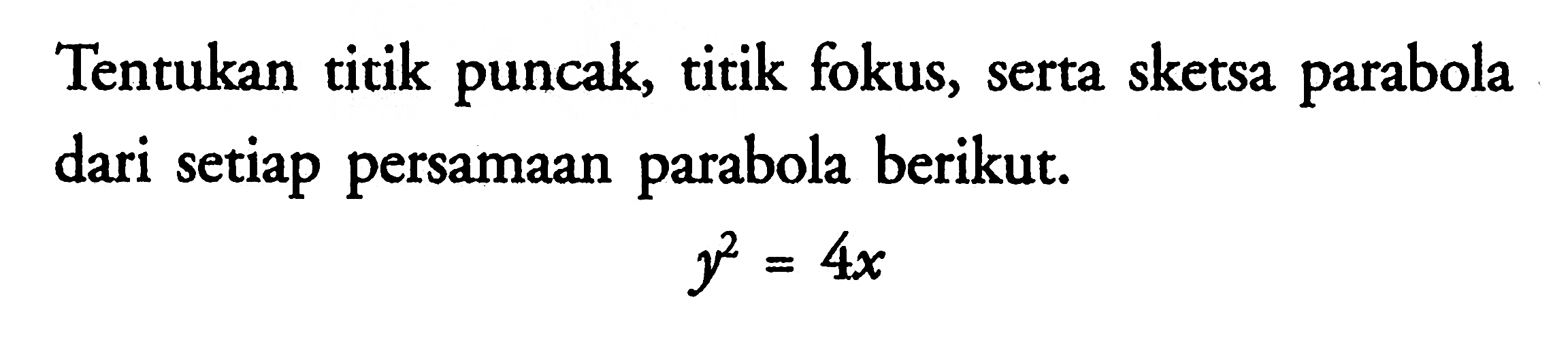 Tentukan titik puncak, titik fokus, serta sketsa parabola dari setiap persamaan parabola berikut. y^2=4x