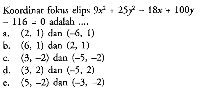 Koordinat fokus elips 9x^2+25y^2-18x+100y-116=0 adalah ....