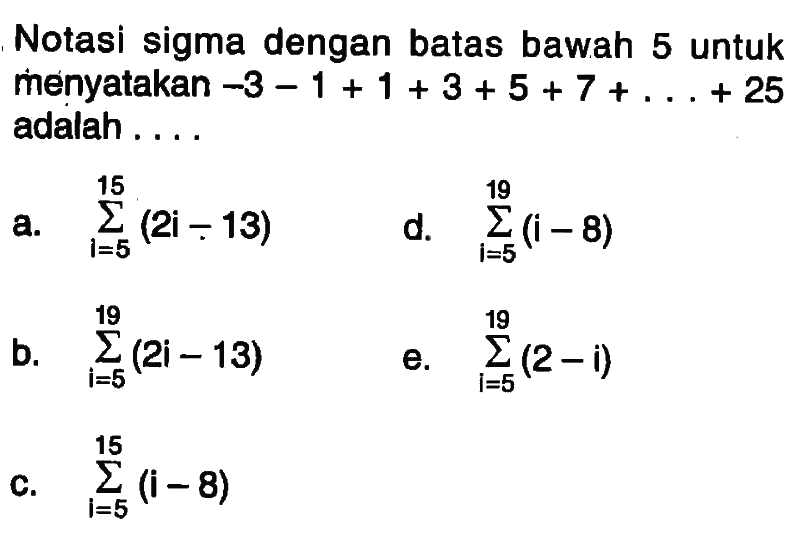 Notasi sigma dengan batas bawah 5 untuk menyatakan -3-1+1+3+5+7+...+25 adalah ....