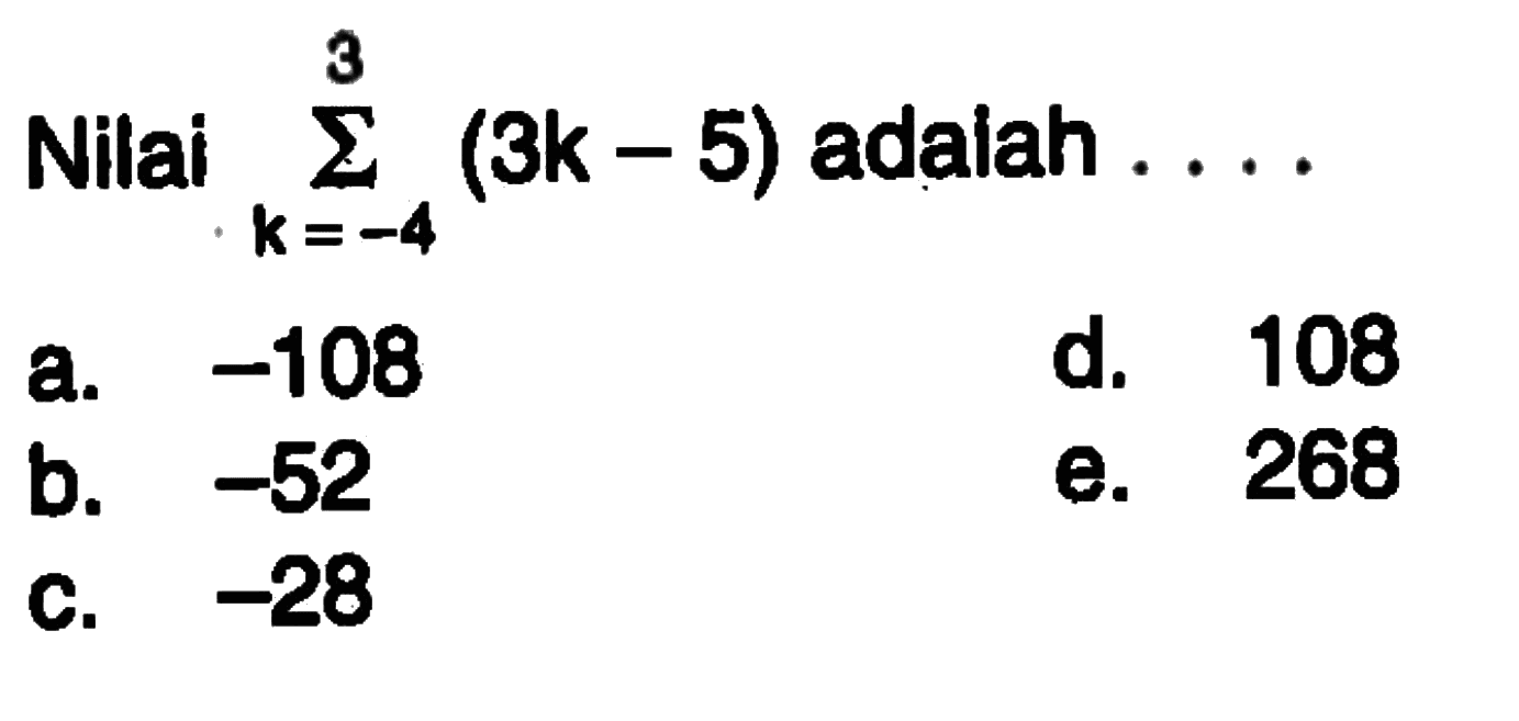 Nilai sigma k=-4 3 (3k-5) adalah . . . .