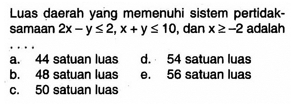 Luas daerah yang memenuhi sistem pertidaksamaan 2x-y<=2, x+y<=10, dan x>=-2 adalah