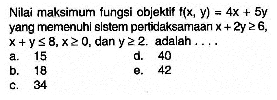 Nilai maksimum fungsi objektif f(x, y)=4x+5y yang memenuhi sistem pertidaksamaan x+2y>=6, x+y<=8, x>=0, dan y>=2. adalah ....