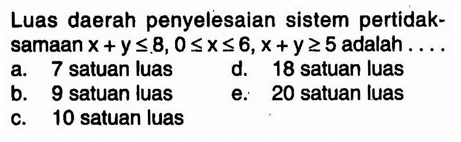 Luas daerah penyelesaian sistem pertidak- samaan x+y<=8, 0<=x<=6, x+y>=5 adalah . . . .