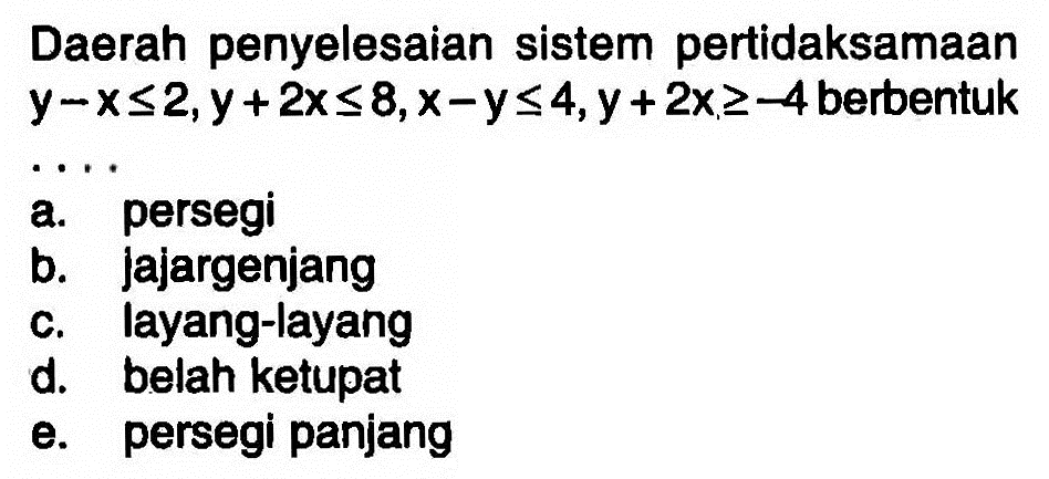 Daerah penyelesaian sistem pertidaksamaan y-x<=2, y+2x<=8, x-y<=4, y+2x>=-4 berbentuk . . ..