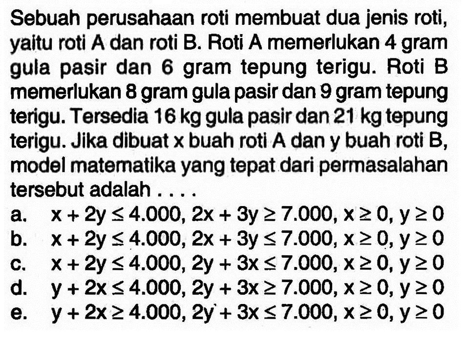 Sebuah perusahaan roti membuat dua jenis roti, yaltu roti A dan roti B. Roti A memerlukan 4 gram gula pasir dan 6 gram tepung terigu. Roti B memerlukan 8 gram gula pasir dan 9 gram tepung terigu. Tersedia 16 kg gula pasir dan 21 kg tepung terigu. Jika dibuat x buah roti A dan y buah roti B, model matematika yang tepat dari permasalahan tersebut adalah....