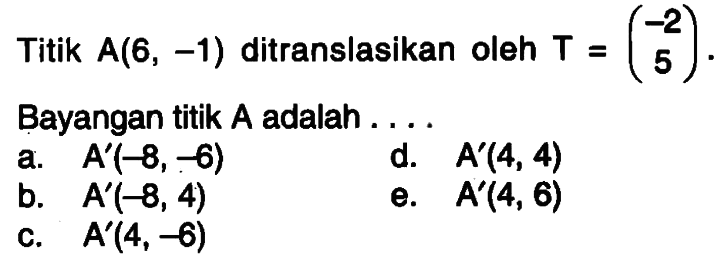 Titik A(6, -1) ditranslasikan oleh T=(-2 5). Bayangan titik A adalah . . . .