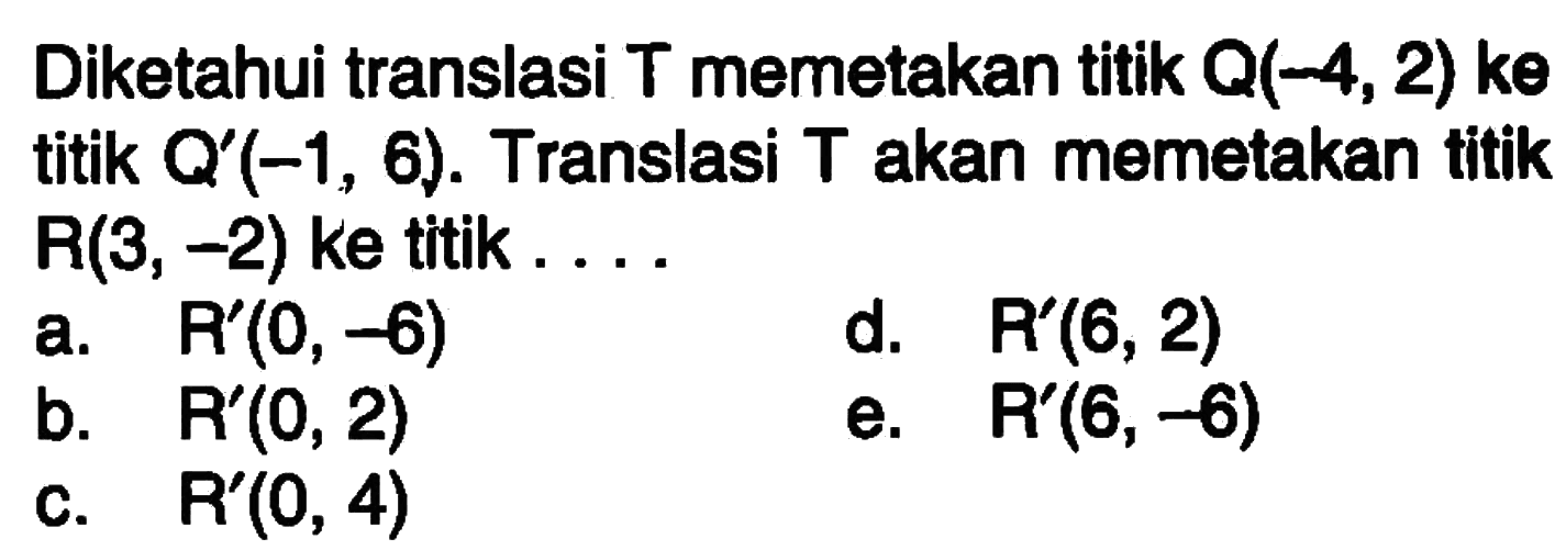 Diketahui translasi T memetakan titik Q(-4,2) ke titik Q'(-1,6). Translasi akan memetakan titik R(3, -2) ke titik . . . .