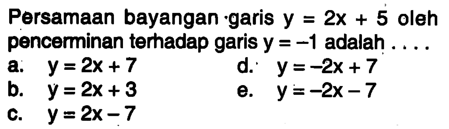 Persamaan bayangan garis y=2x+5 oleh pencerminkan terhadap garis y=-1 adalah ....