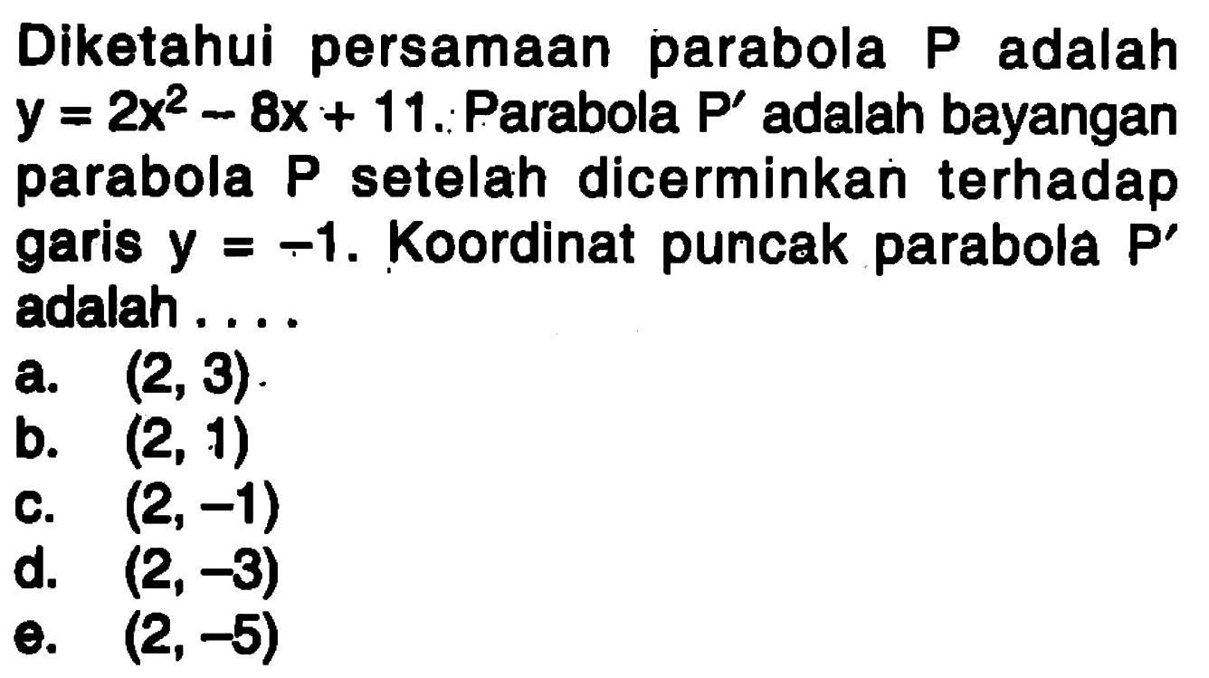 Diketahui persamaan parabola P adalah y=2x^2-8x+11. Parabola P' adalah bayangan parabola P setelah dicerminkan terhadap garis y=-1. Koordinat puncak parabola P' adalah ....